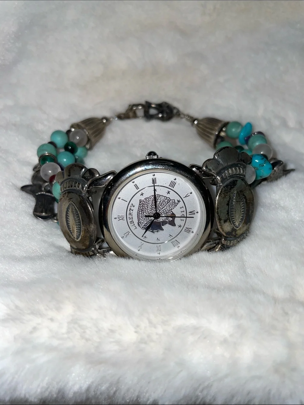 Southwest Traditions .925 Sterling & Turquoise Charm Bracelet Watch.  7.25”.